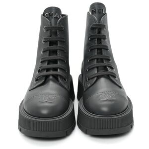 Chanel 2024 Grained Calfskin Grey Calfskin CC Lace Up Combat Boots Size 40